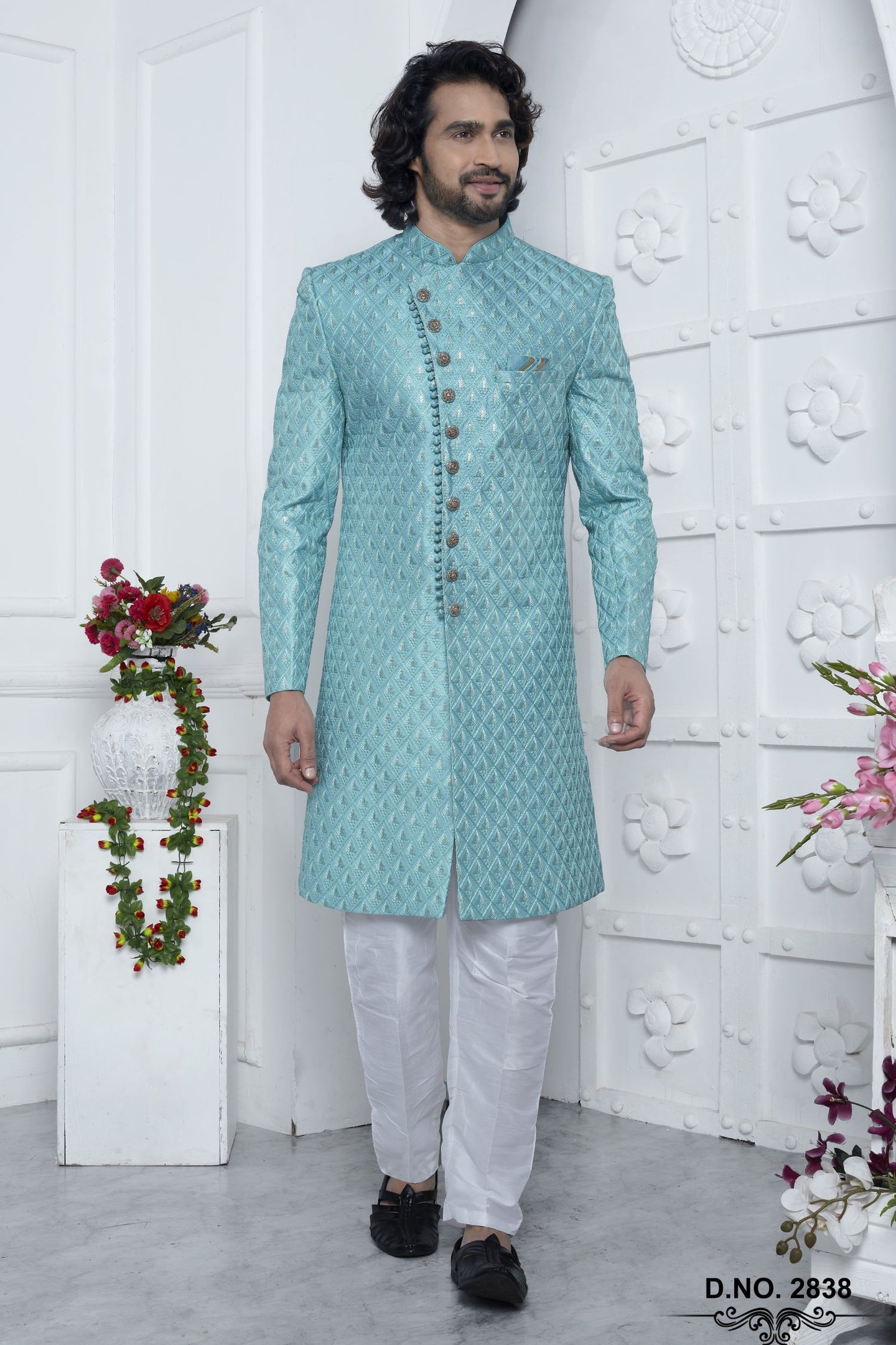 Dark Turquoise Art Silk Embroidery Wedding Kurta for Men & Pajama Sherwani