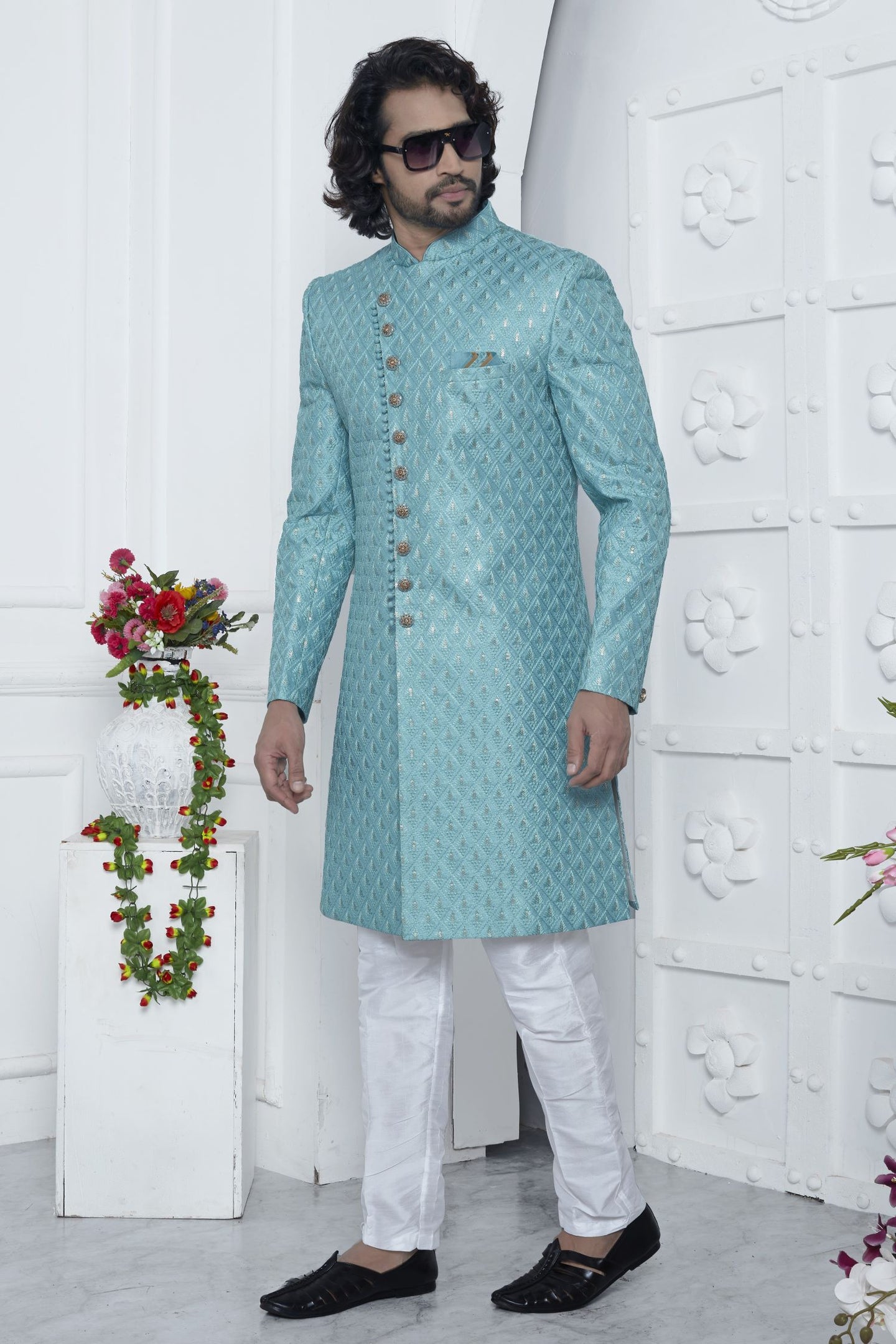 Dark Turquoise Art Silk Embroidery Wedding Kurta for Men & Pajama Sherwani