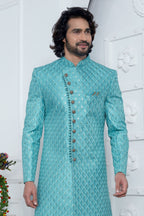Dark Turquoise Art Silk Embroidery Wedding Kurta for Men & Pajama Sherwani