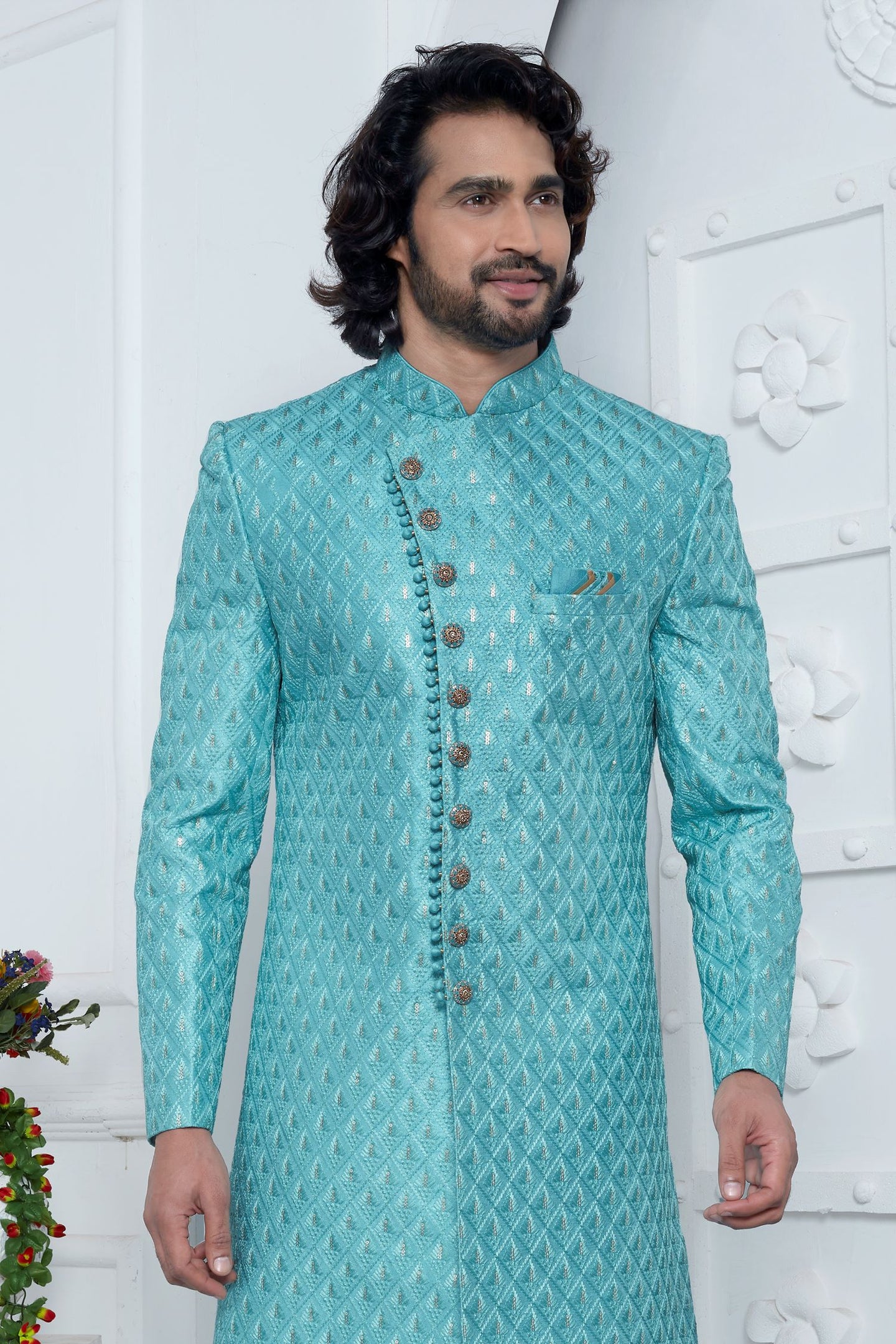 Dark Turquoise Art Silk Embroidery Wedding Kurta for Men & Pajama Sherwani