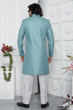 Dark Turquoise Art Silk Embroidery Wedding Kurta for Men & Pajama Sherwani