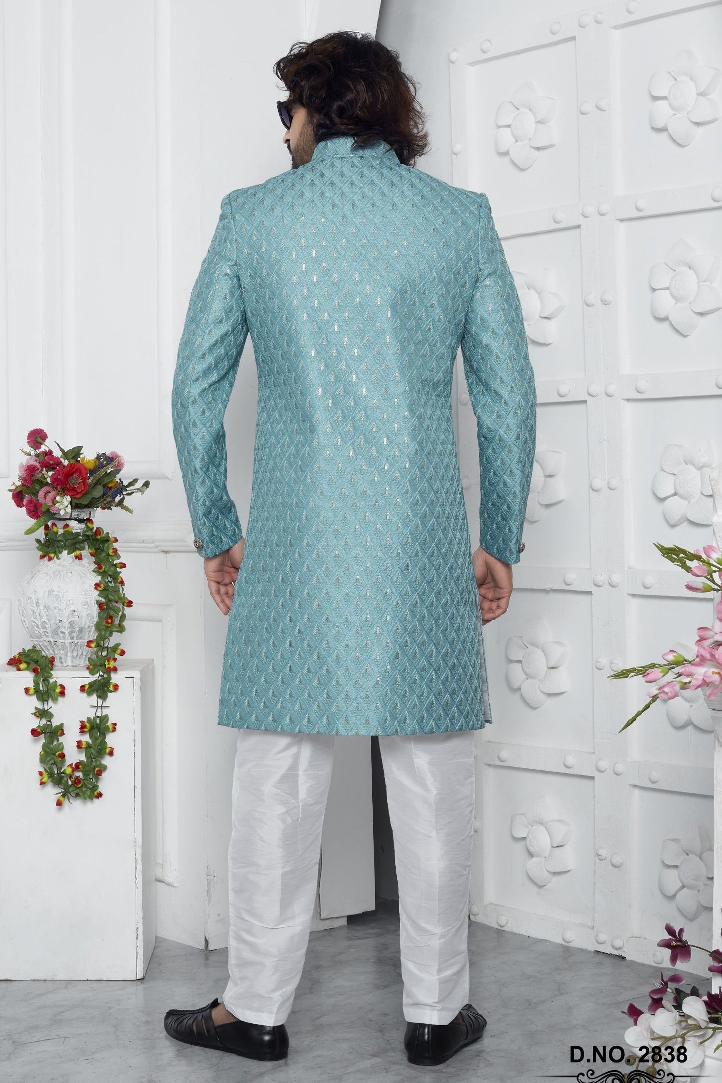 Dark Turquoise Art Silk Embroidery Wedding Kurta for Men & Pajama Sherwani