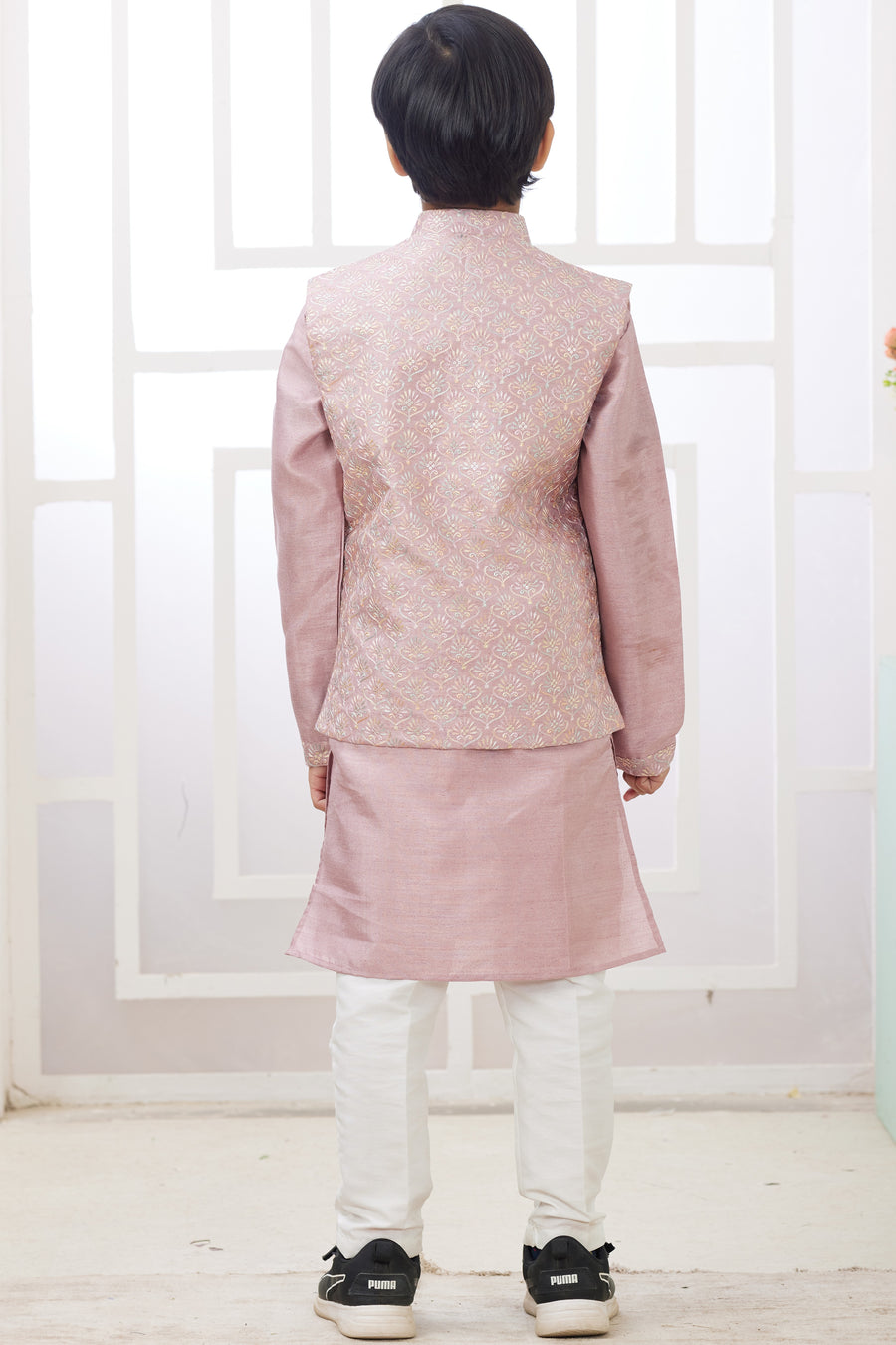 Rose Gold Art Silk 3 Piece Kids Wear Boys Suit Kurta Pajama with Waistcoat Nehru Jacket for Kids for Festivals & Wedding - Embroidery Work