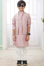 Rose Gold Art Silk 3 Piece Kids Wear Boys Suit Kurta Pajama with Waistcoat Nehru Jacket for Kids for Festivals & Wedding - Embroidery Work