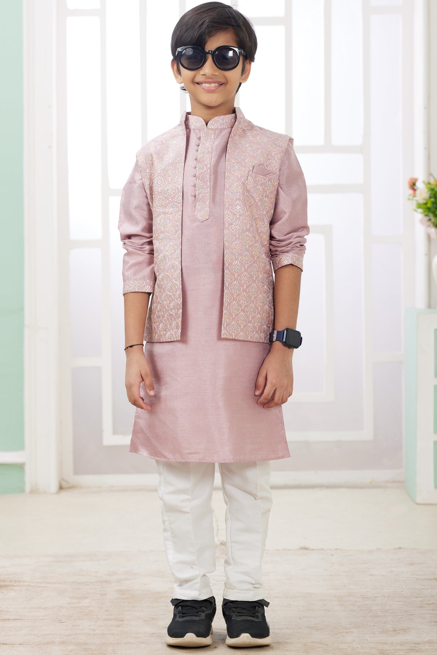 Rose Gold Art Silk 3 Piece Kids Wear Boys Suit Kurta Pajama with Waistcoat Nehru Jacket for Kids for Festivals & Wedding - Embroidery Work