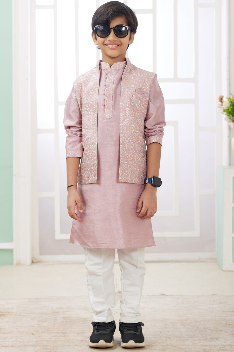 Rose Gold Art Silk 3 Piece Kids Wear Boys Suit Kurta Pajama with Waistcoat Nehru Jacket for Kids for Festivals & Wedding - Embroidery Work