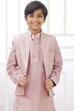 Rose Gold Art Silk 3 Piece Kids Wear Boys Suit Kurta Pajama with Waistcoat Nehru Jacket for Kids for Festivals & Wedding - Embroidery Work