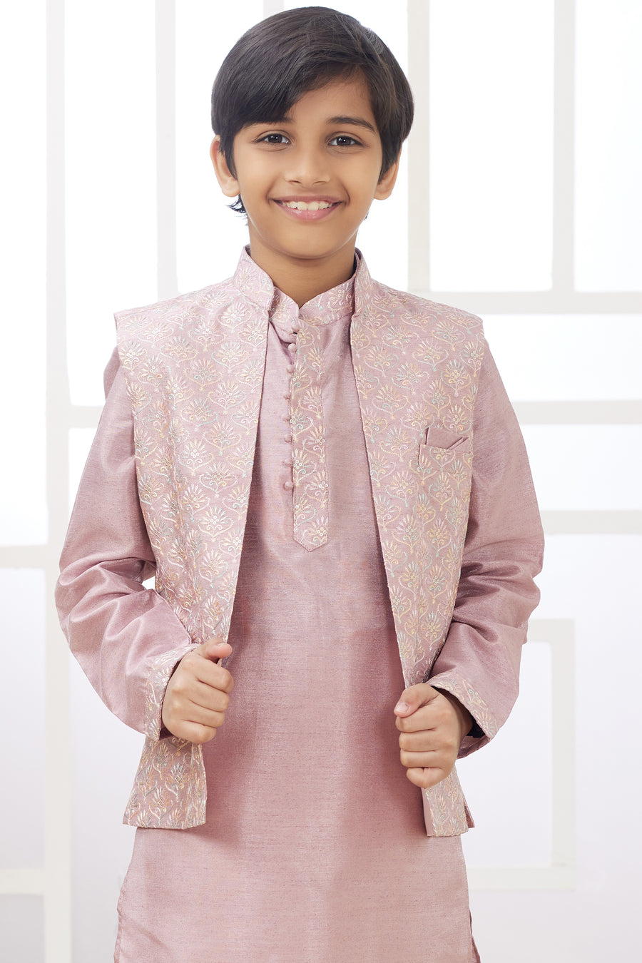 Rose Gold Art Silk 3 Piece Kids Wear Boys Suit Kurta Pajama with Waistcoat Nehru Jacket for Kids for Festivals & Wedding - Embroidery Work