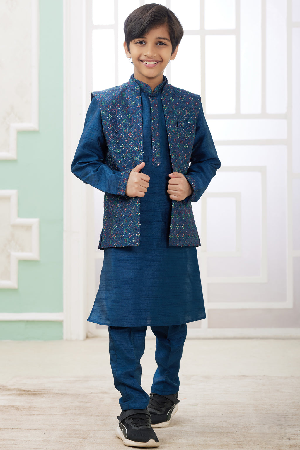 Drak Blue Art Silk 3 Piece Kids Wear Boys Suit Kurta Pajama with Waistcoat Nehru Jacket for Kids for Festivals & Wedding - Embroidery Work