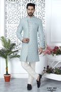 Powder Blue Jacquard Silk Indo Western Pakistani Mens Kurta
