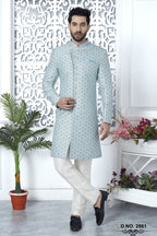 Powder Blue Jacquard Silk Indo Western Pakistani Mens Kurta