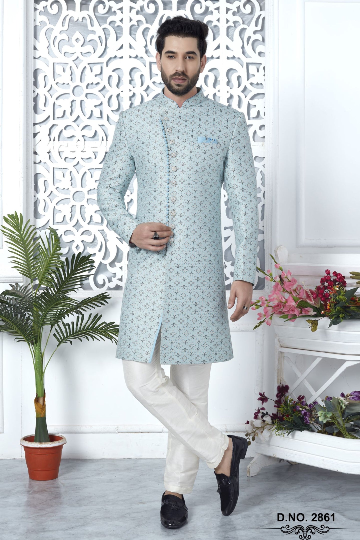Powder Blue Jacquard Silk Indo Western Pakistani Mens Kurta