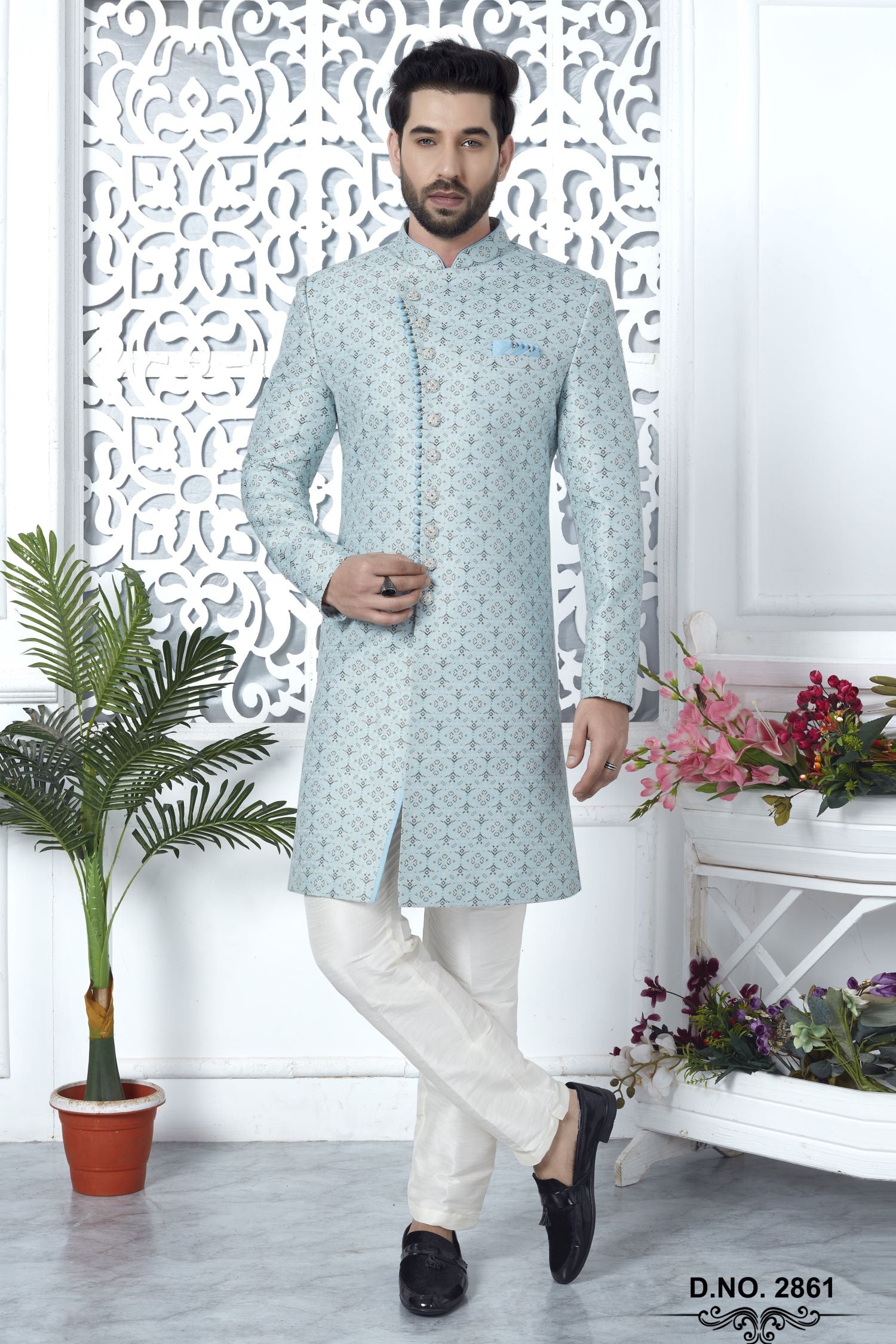 Powder Blue Jacquard Silk Indo Western Pakistani Mens Kurta