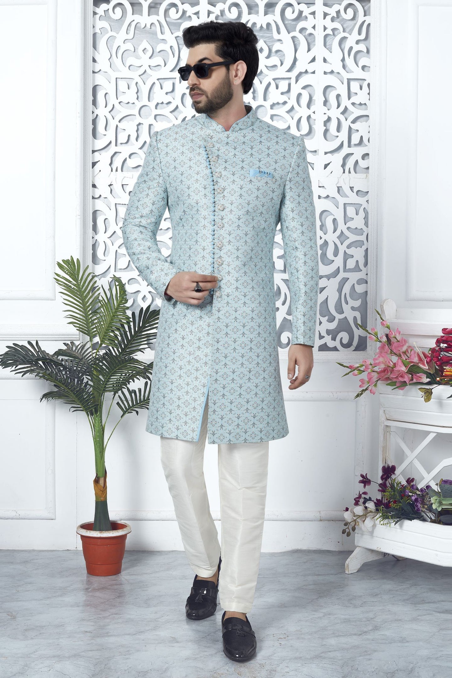 Powder Blue Jacquard Silk Indo Western Pakistani Mens Kurta