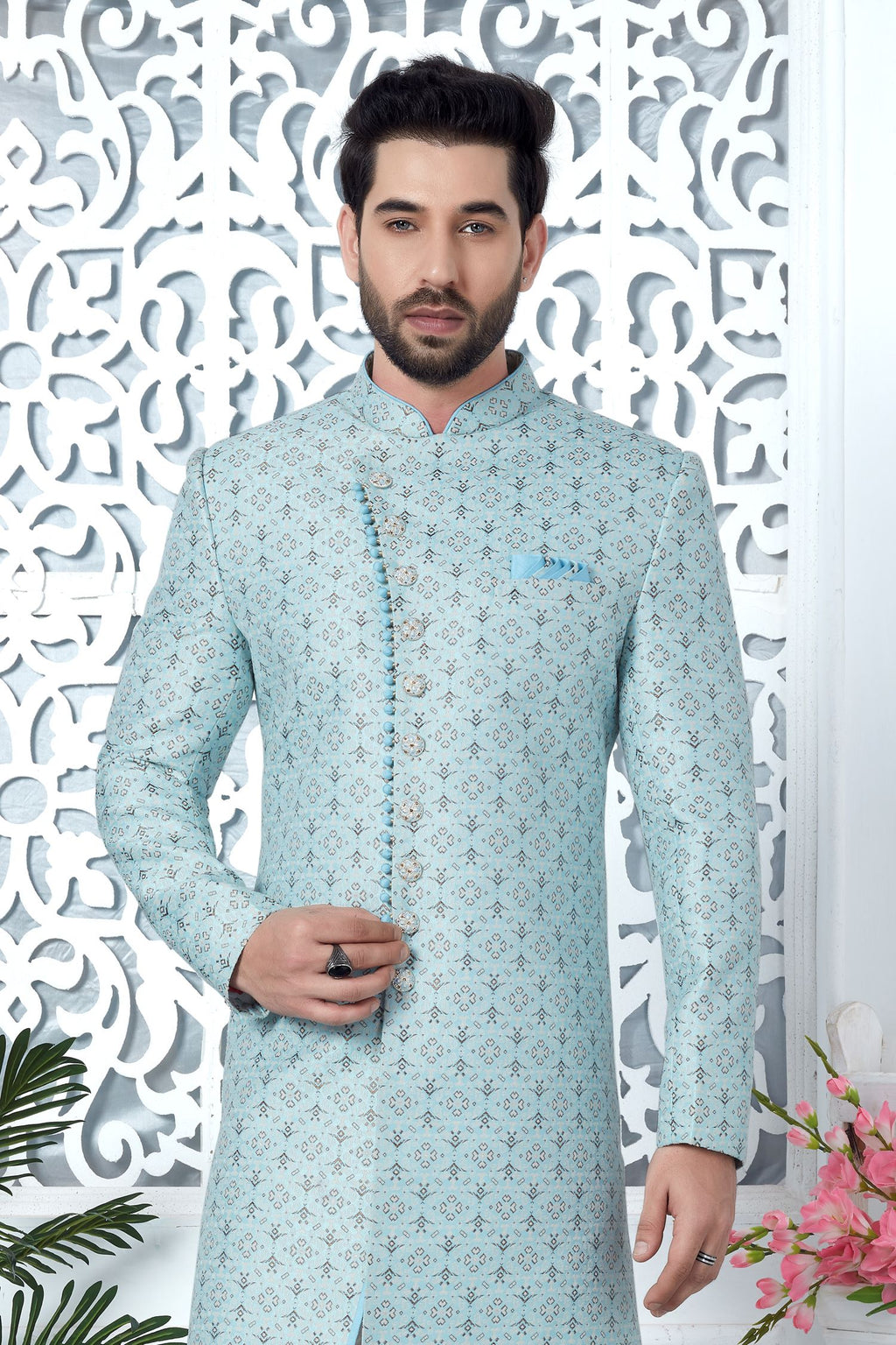 Powder Blue Jacquard Silk Indo Western Pakistani Mens Kurta