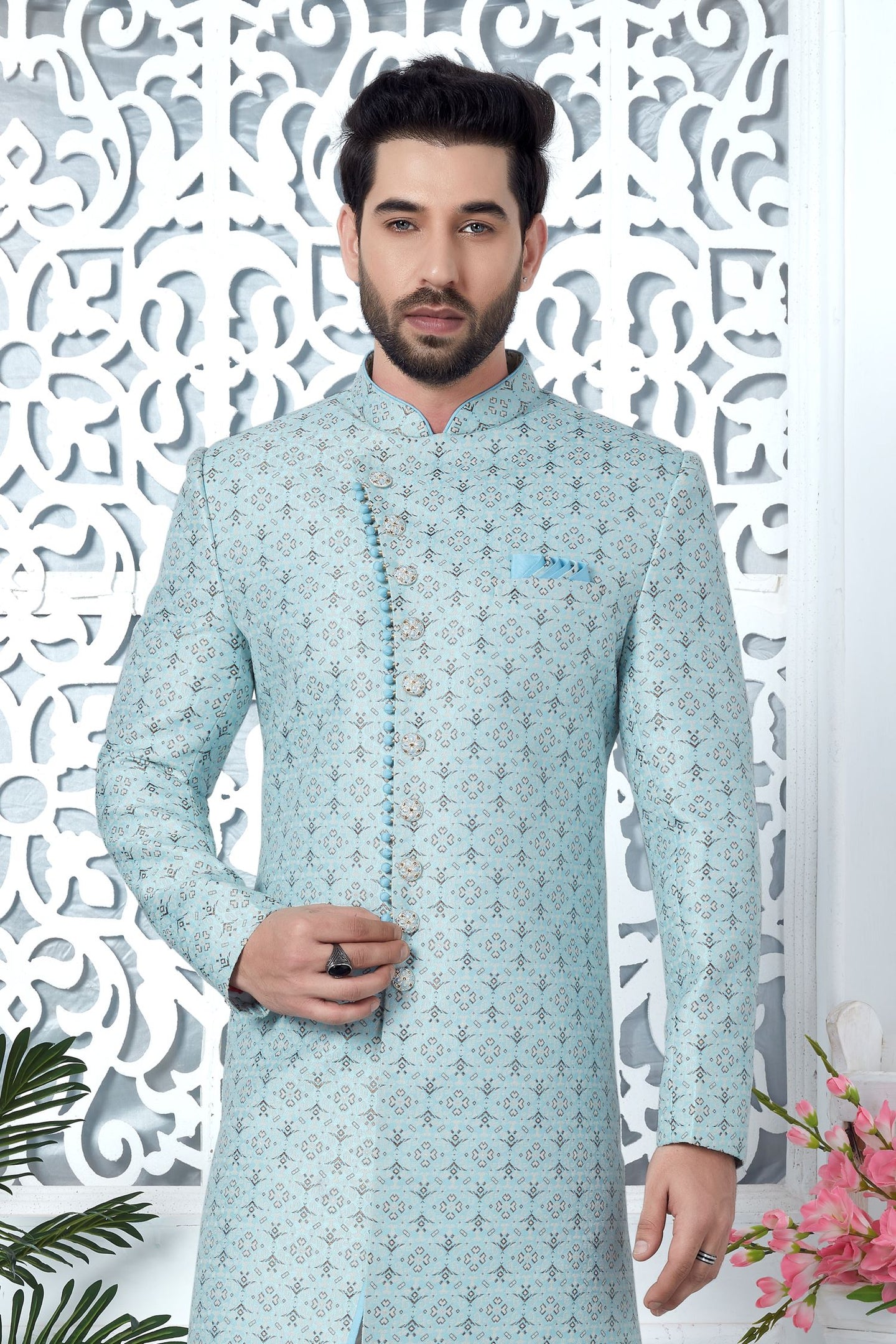 Powder Blue Jacquard Silk Indo Western Pakistani Mens Kurta