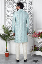 Powder Blue Jacquard Silk Indo Western Pakistani Mens Kurta