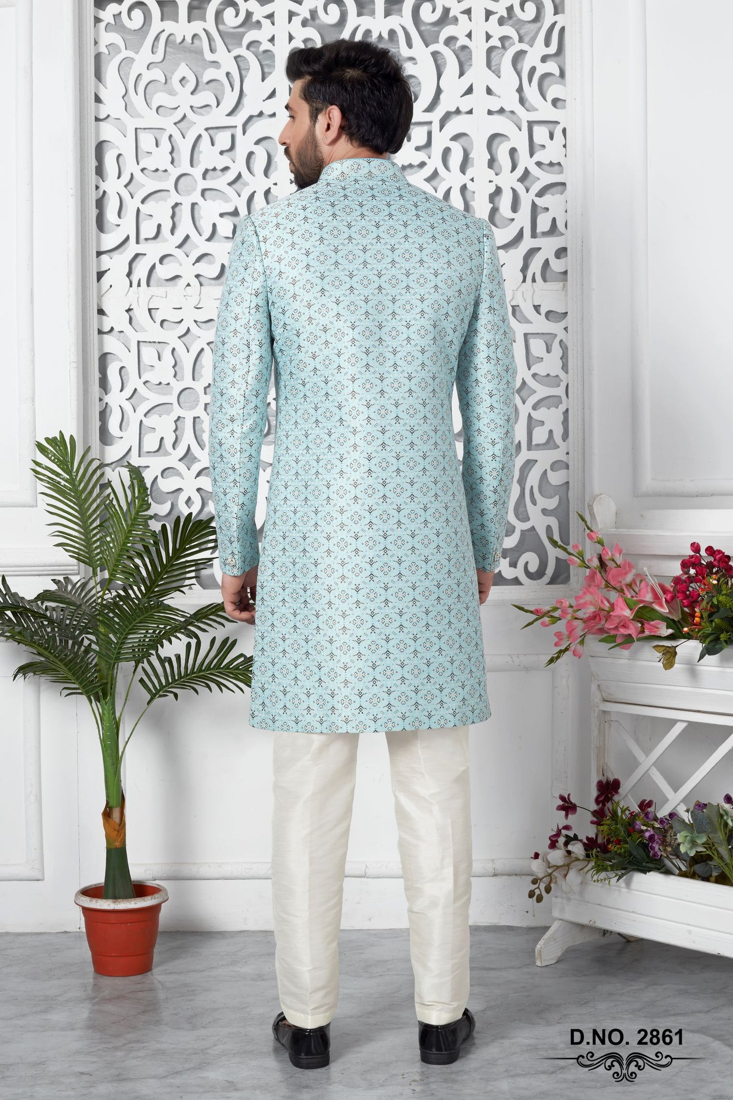 Powder Blue Jacquard Silk Indo Western Pakistani Mens Kurta