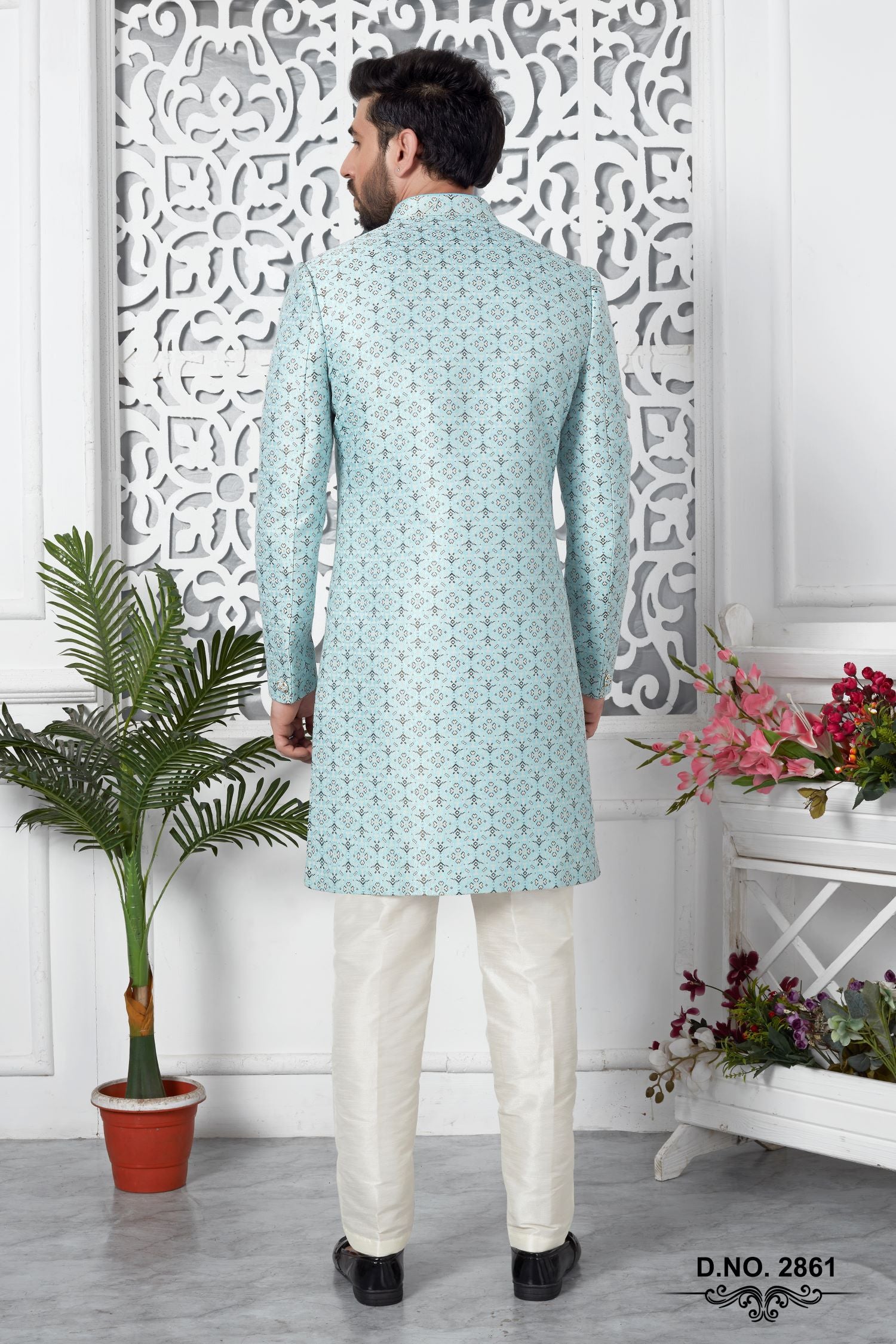 Powder Blue Jacquard Silk Indo Western Pakistani Mens Kurta