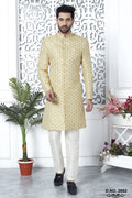 Light Yellow Jacquard Silk Indo Western Pakistani Mens Kurta