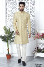 Light Yellow Jacquard Silk Indo Western Pakistani Mens Kurta