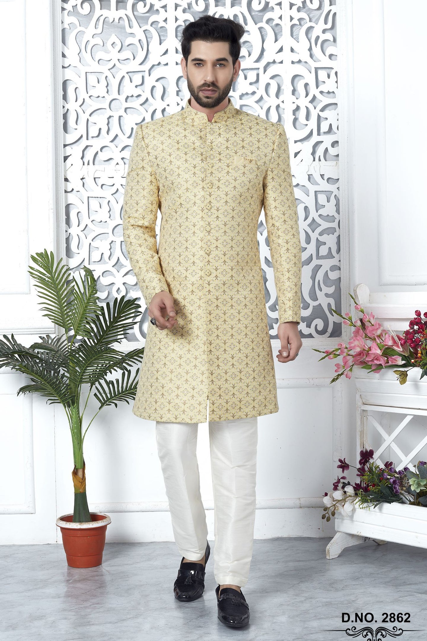 Light Yellow Jacquard Silk Indo Western Pakistani Mens Kurta