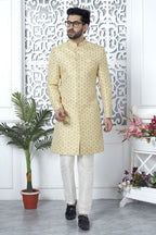 Light Yellow Jacquard Silk Indo Western Pakistani Mens Kurta