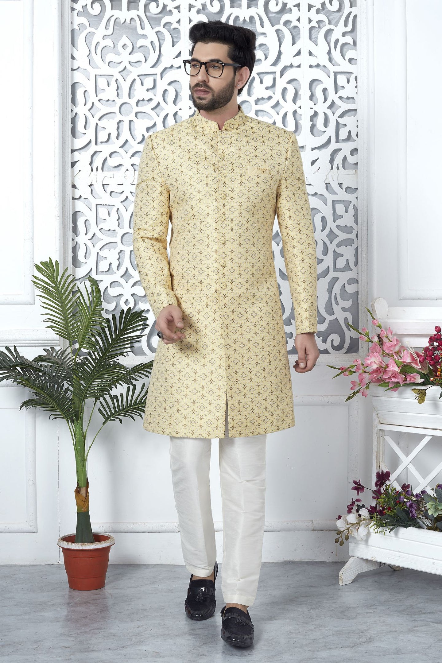 Light Yellow Jacquard Silk Indo Western Pakistani Mens Kurta