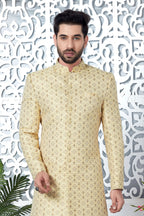 Light Yellow Jacquard Silk Indo Western Pakistani Mens Kurta