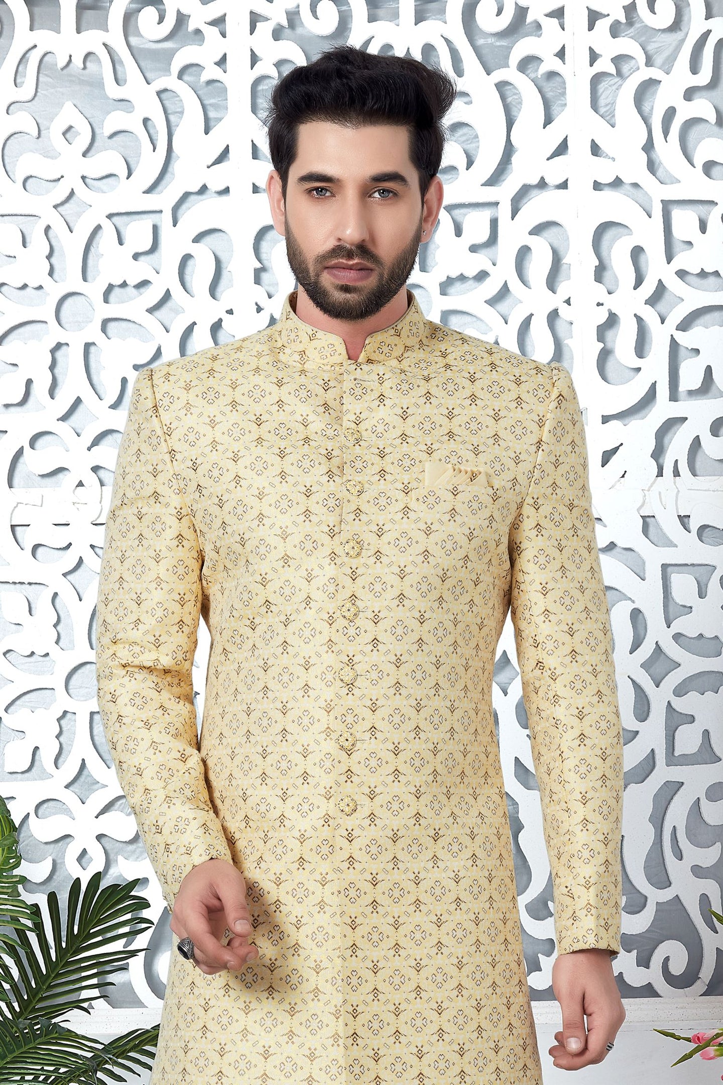 Light Yellow Jacquard Silk Indo Western Pakistani Mens Kurta