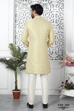 Light Yellow Jacquard Silk Indo Western Pakistani Mens Kurta