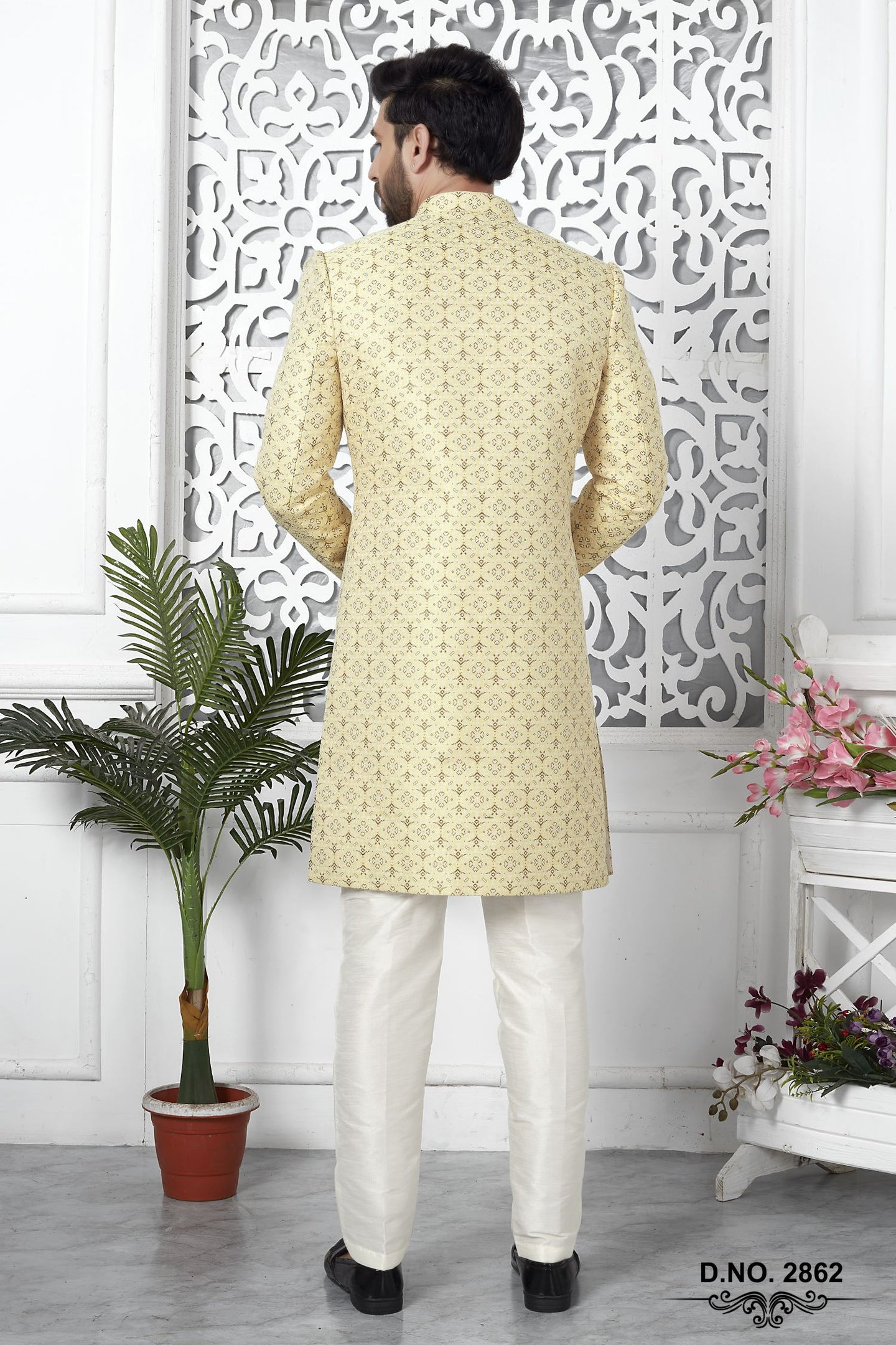 Light Yellow Jacquard Silk Indo Western Pakistani Mens Kurta