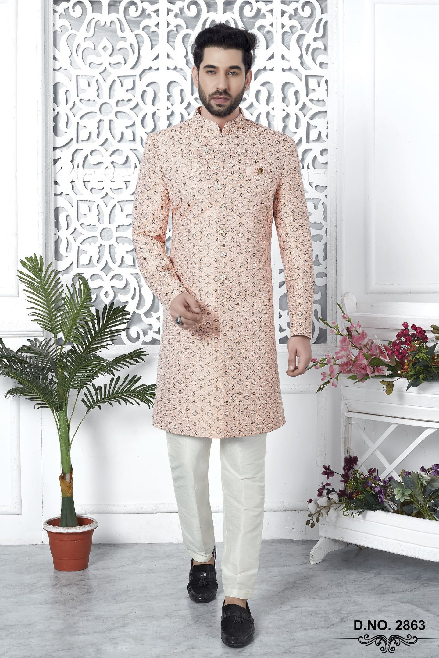 Pale Peach Jacquard Silk Pakistani Mens Kurta Indo Western