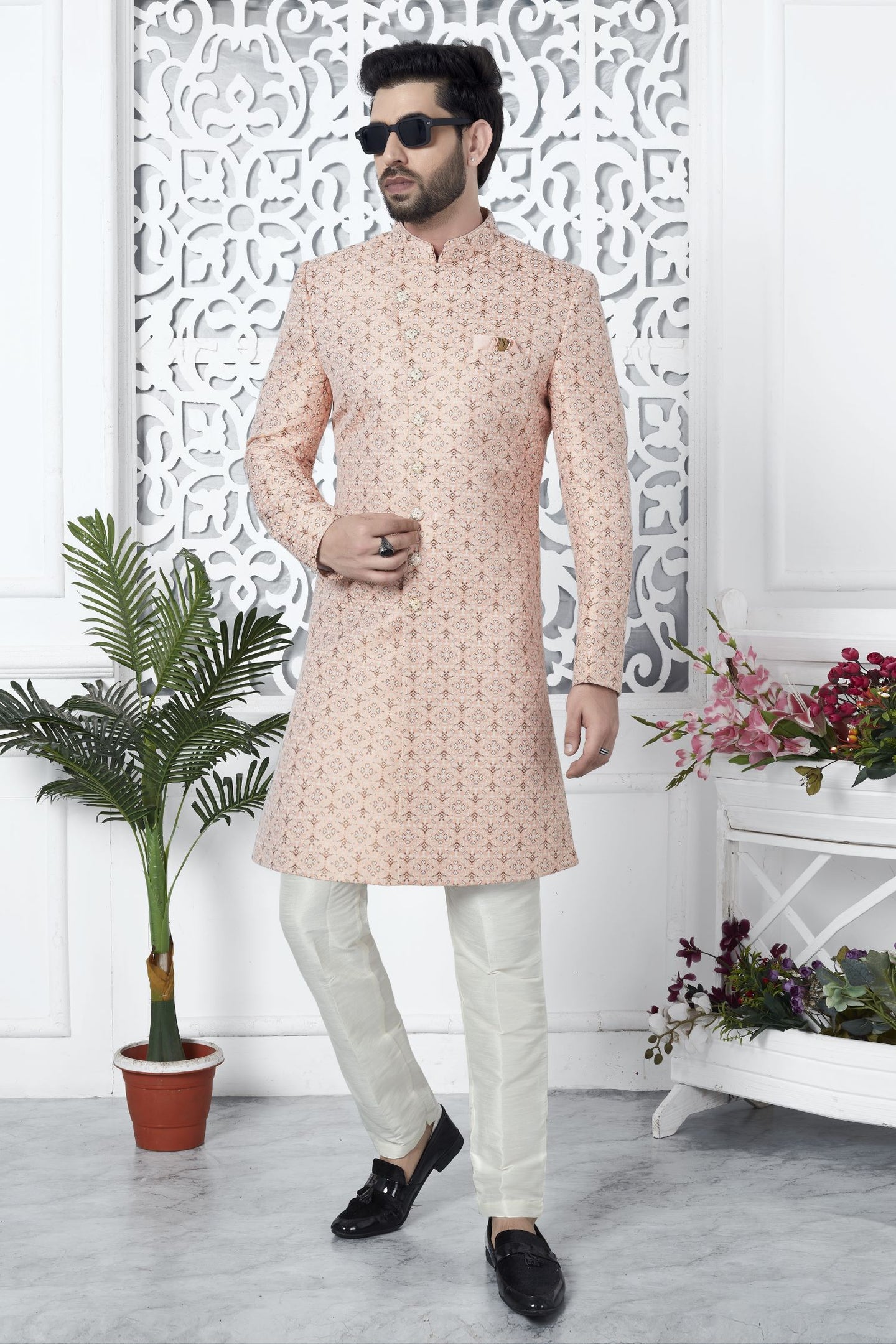 Pale Peach Jacquard Silk Pakistani Mens Kurta Indo Western