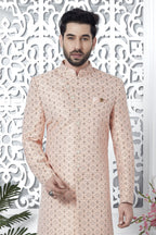 Pale Peach Jacquard Silk Pakistani Mens Kurta Indo Western