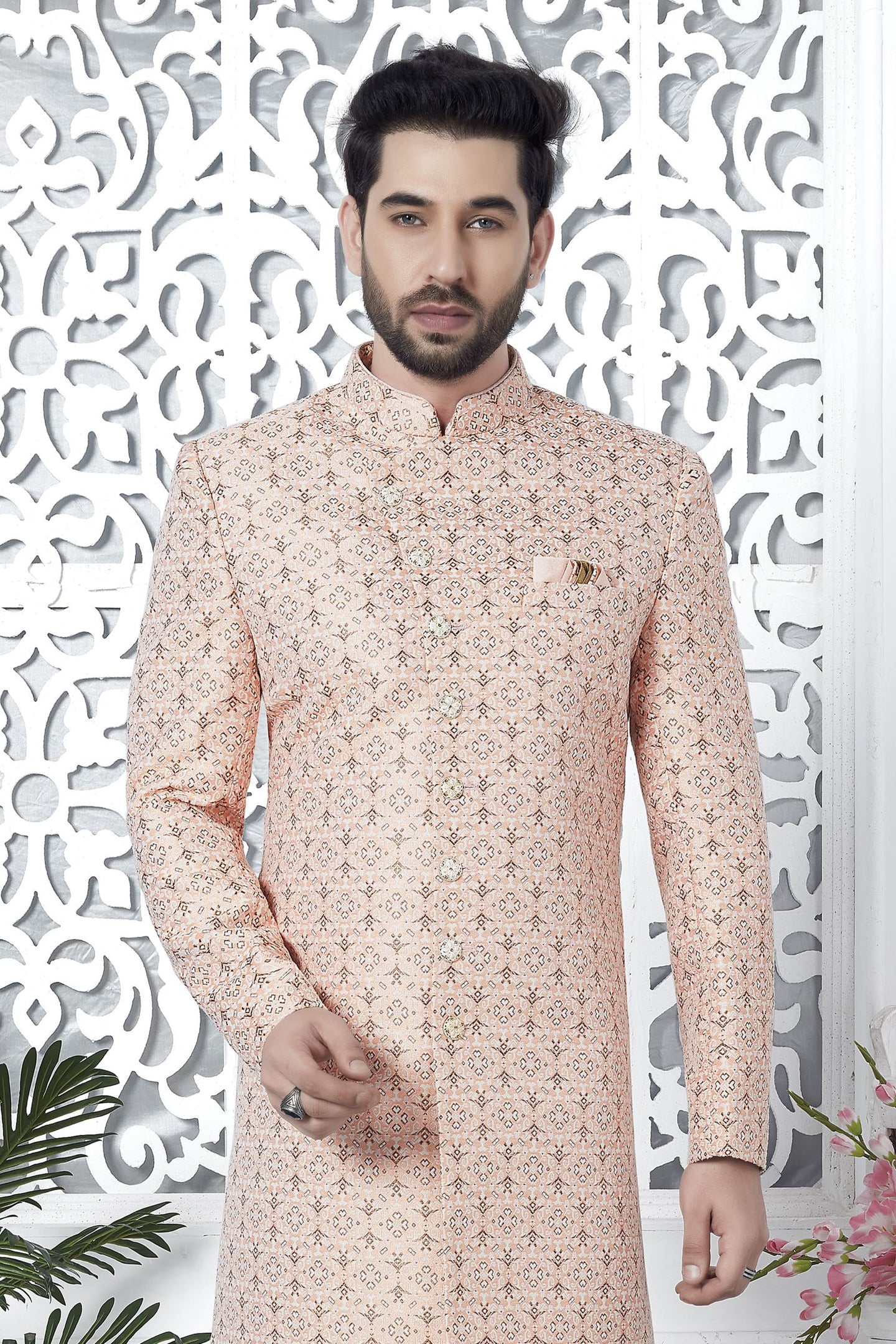 Pale Peach Jacquard Silk Pakistani Mens Kurta Indo Western