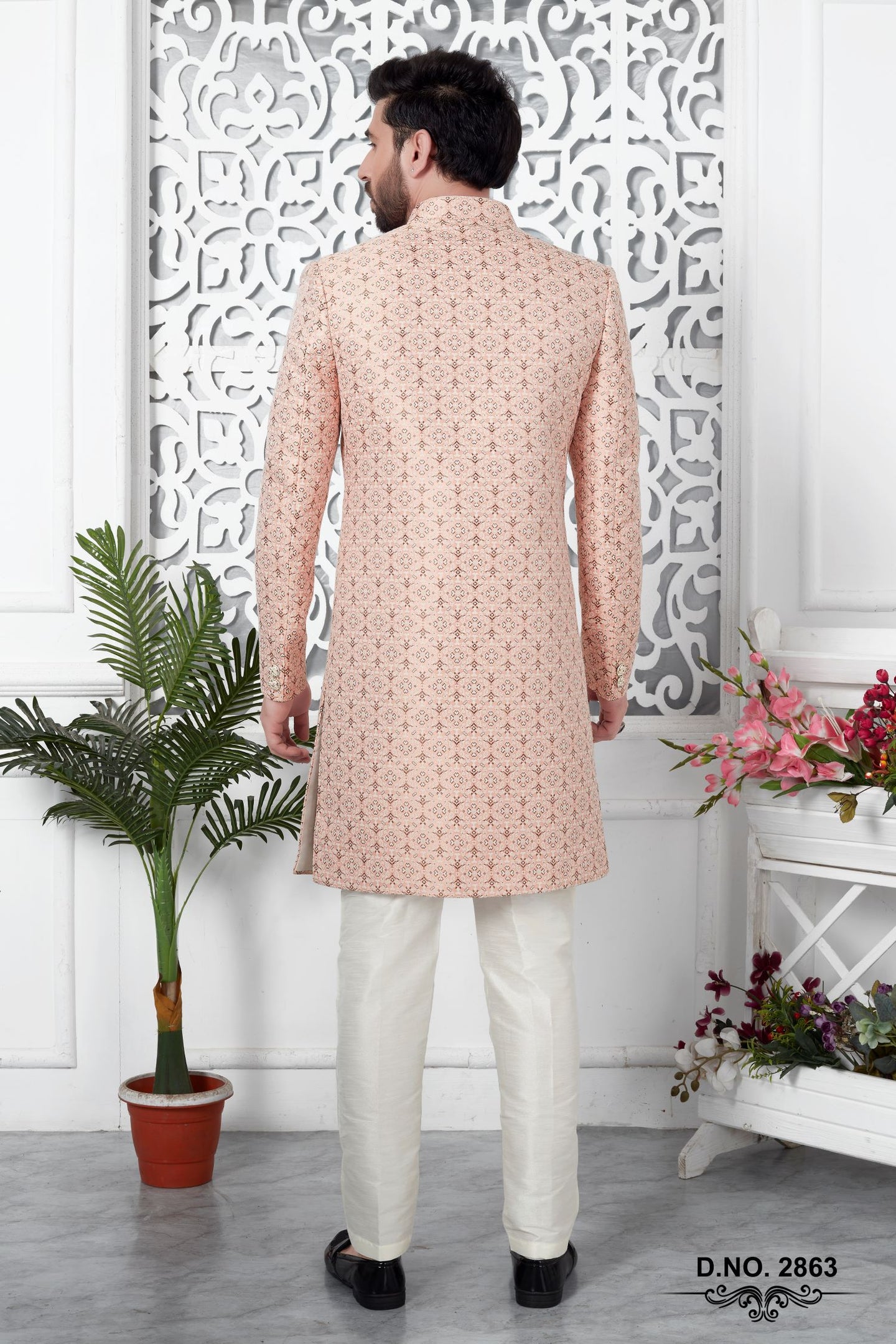 Pale Peach Jacquard Silk Pakistani Mens Kurta Indo Western