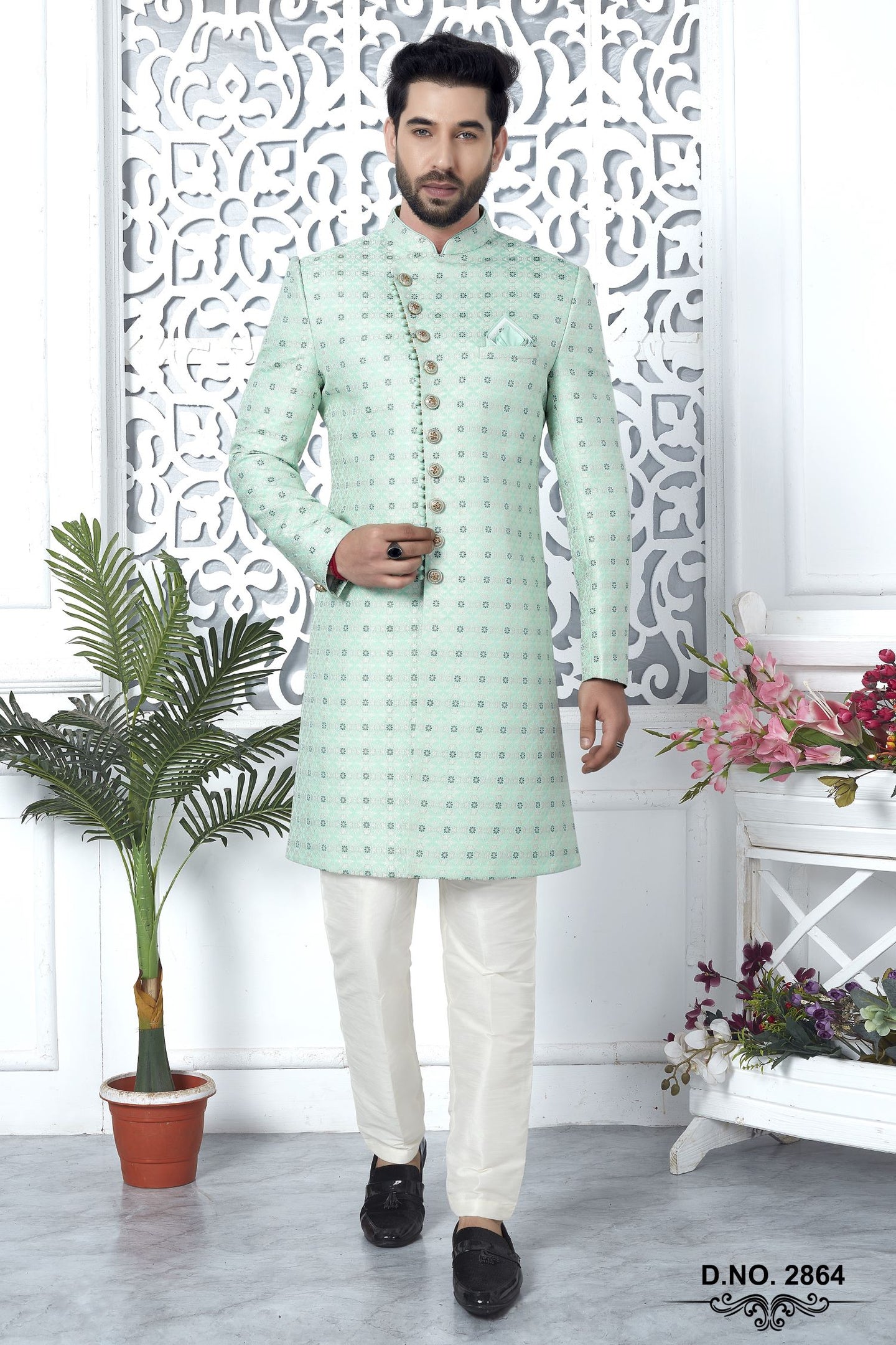 Light Teal Jacquard Silk Indo Western Pakistani Mens Kurta