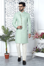 Light Teal Jacquard Silk Indo Western Pakistani Mens Kurta