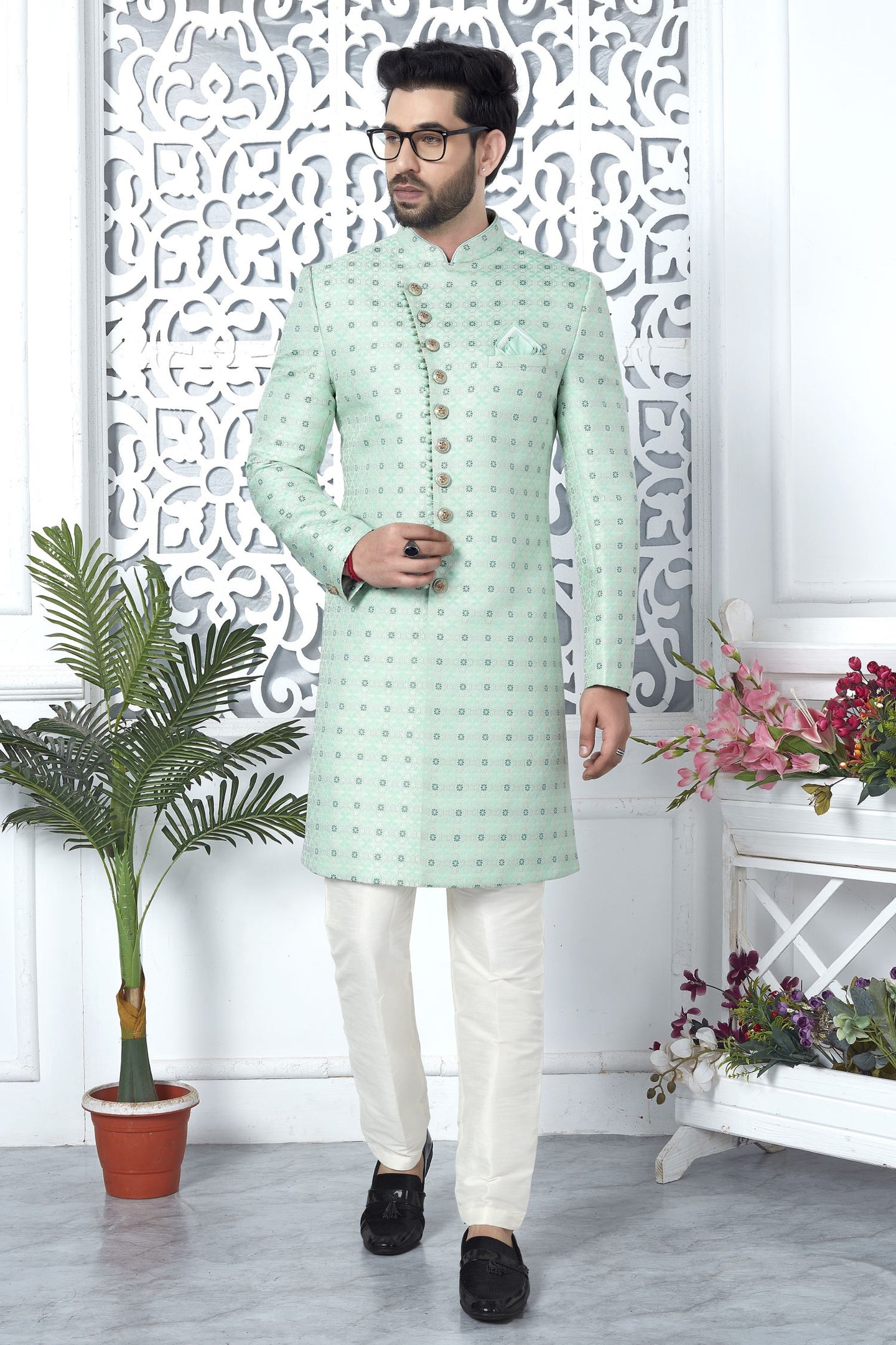Light Teal Jacquard Silk Indo Western Pakistani Mens Kurta
