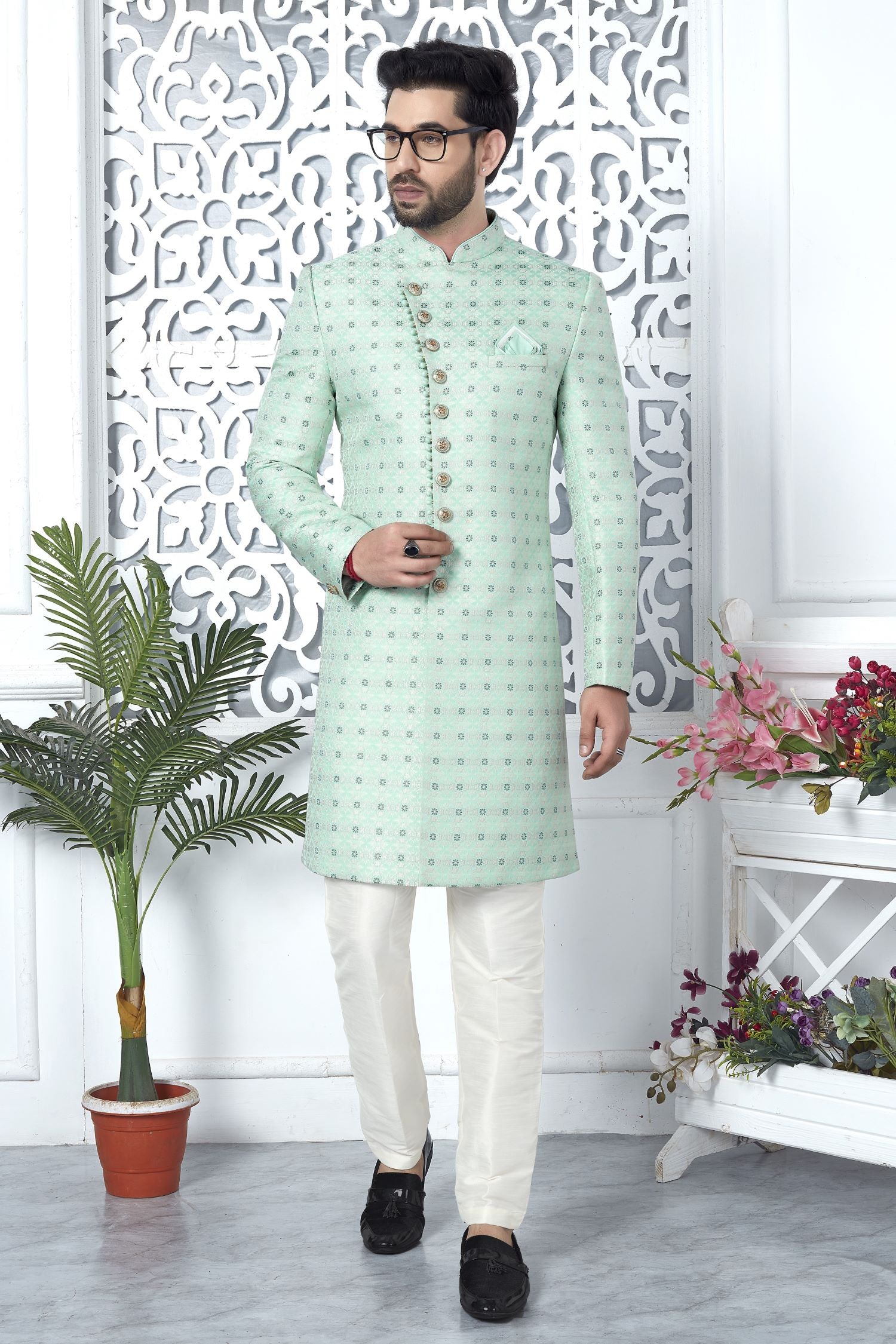 Light Teal Jacquard Silk Indo Western Pakistani Mens Kurta