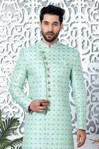 Light Teal Jacquard Silk Indo Western Pakistani Mens Kurta