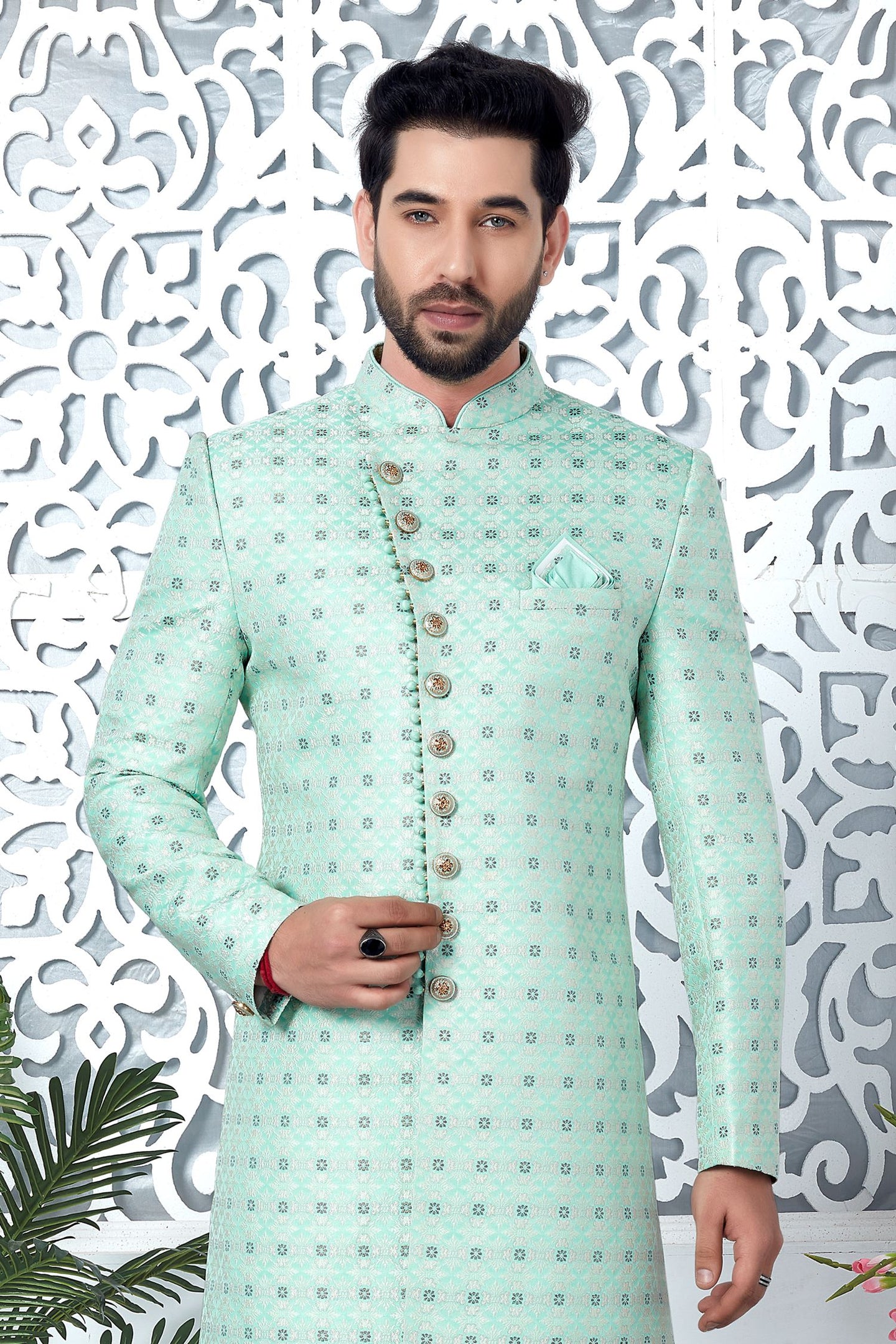 Light Teal Jacquard Silk Indo Western Pakistani Mens Kurta