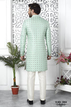 Light Teal Jacquard Silk Indo Western Pakistani Mens Kurta