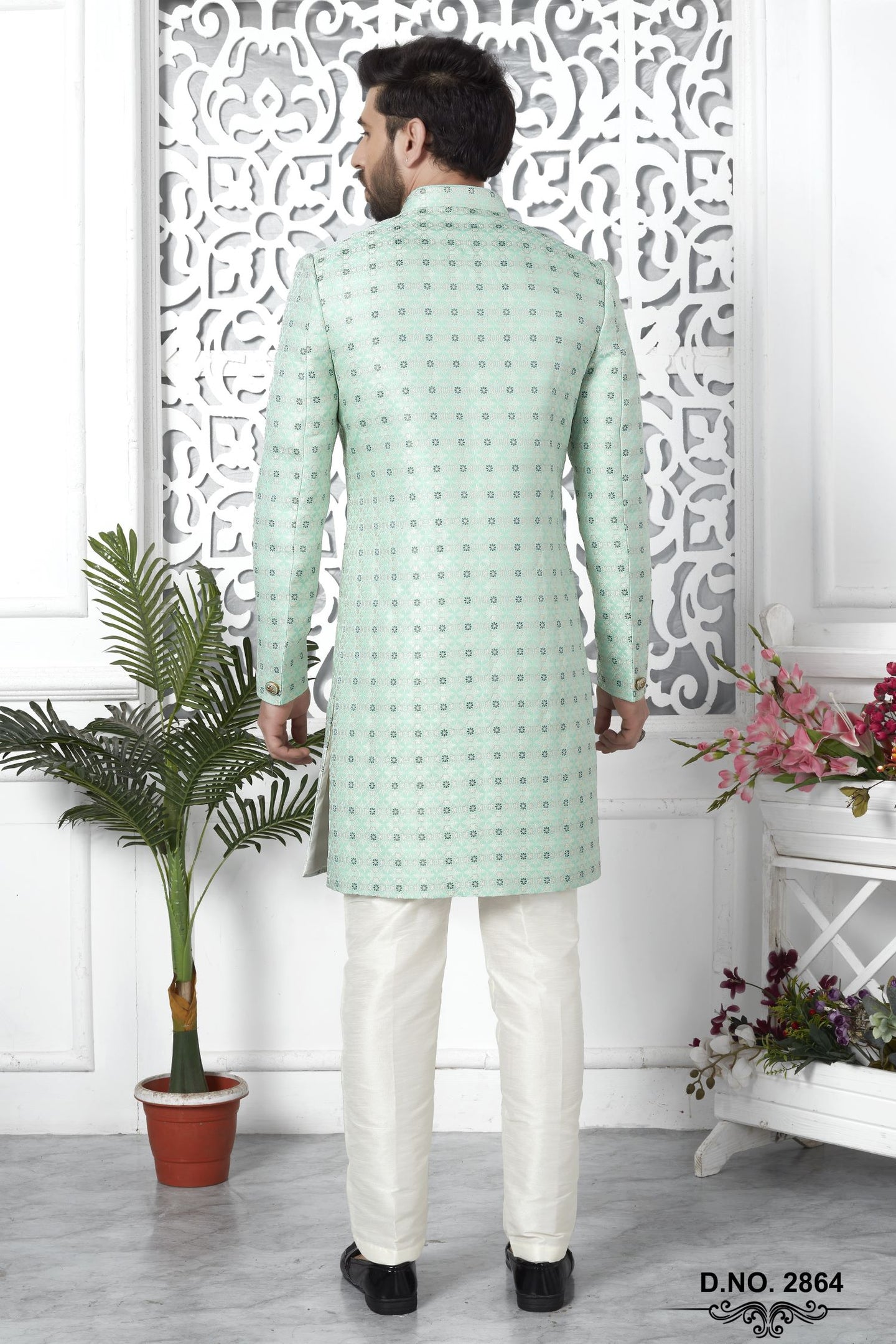 Light Teal Jacquard Silk Indo Western Pakistani Mens Kurta
