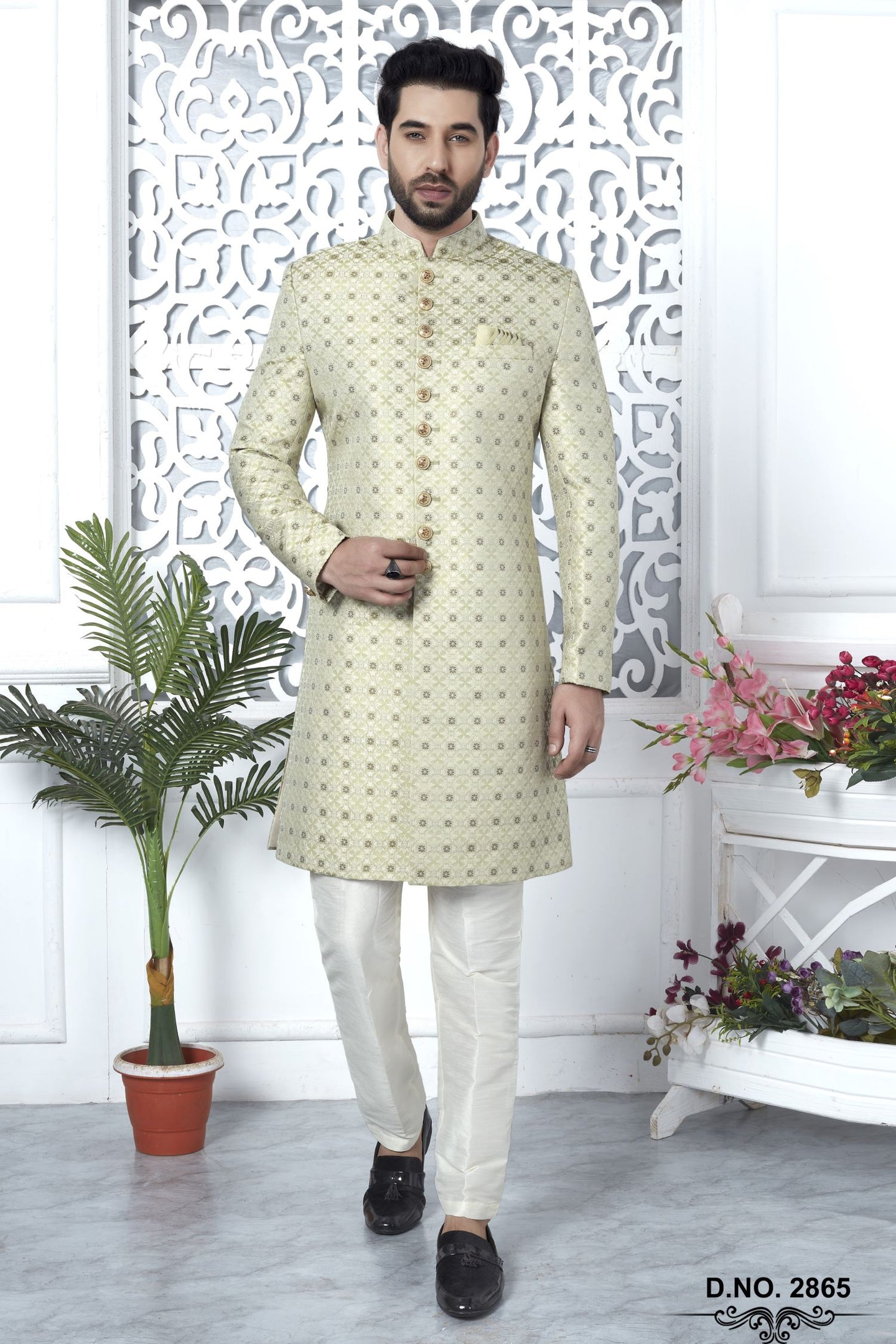 Yellow Beige Jacquard Silk Pakistani Mens Kurta Indo Western