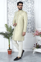 Yellow Beige Jacquard Silk Pakistani Mens Kurta Indo Western
