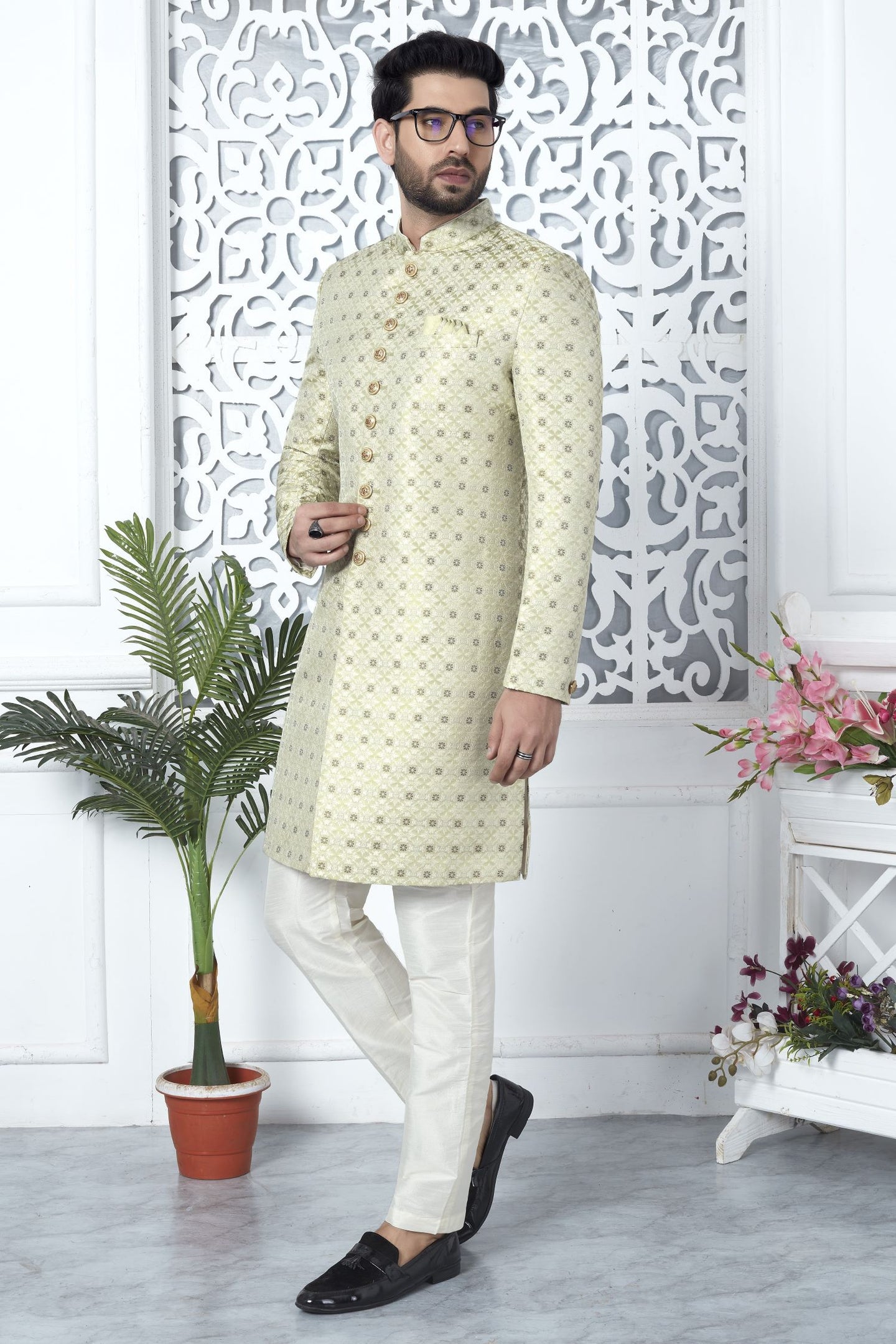 Yellow Beige Jacquard Silk Pakistani Mens Kurta Indo Western