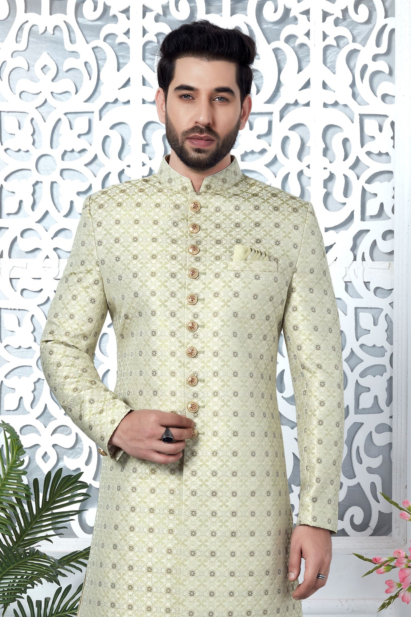 Yellow Beige Jacquard Silk Pakistani Mens Kurta Indo Western