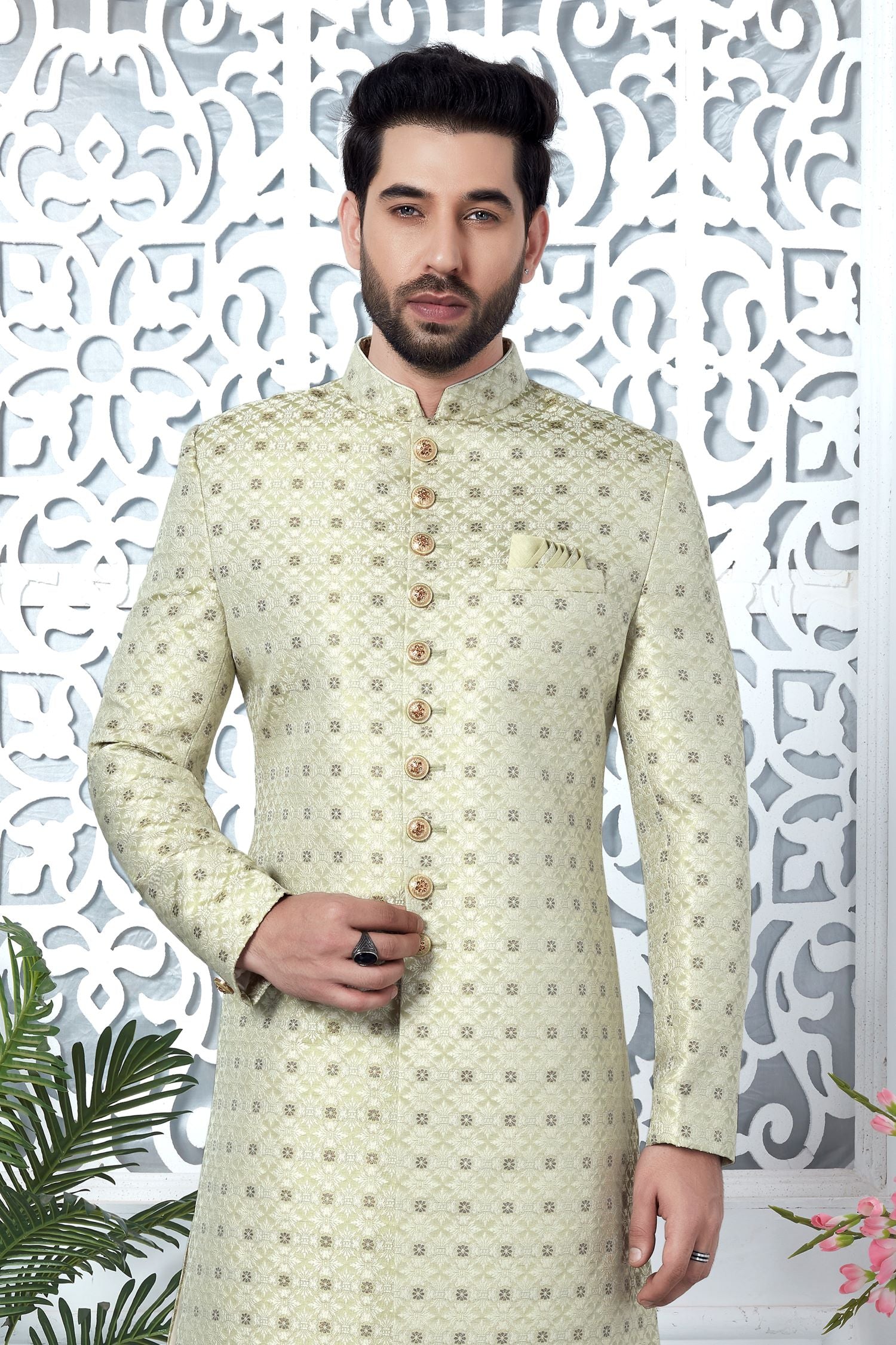Yellow Beige Jacquard Silk Pakistani Mens Kurta Indo Western